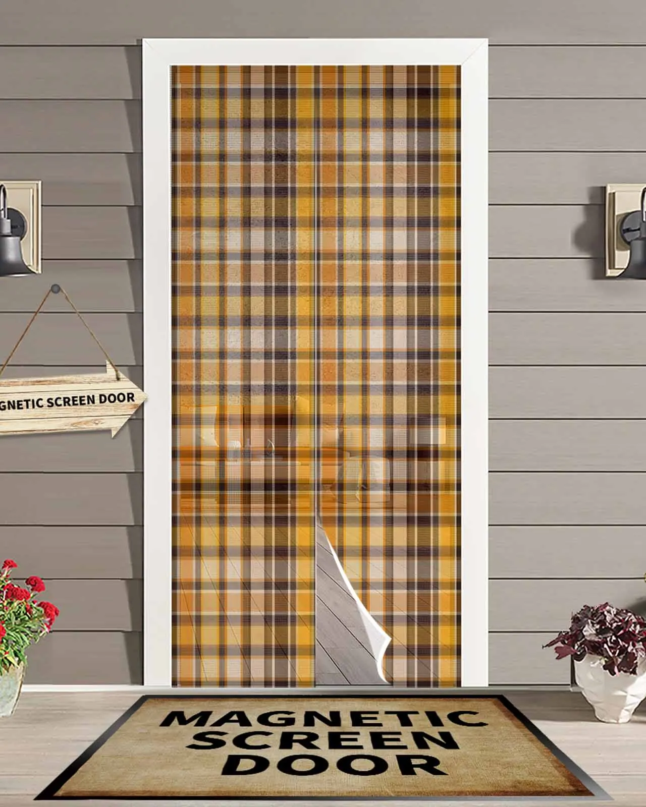 

Country Orange Brown Plaid Magnetic Door Curtain Living Room Bedroom Home Anti-mosquito Screen Door Curtain