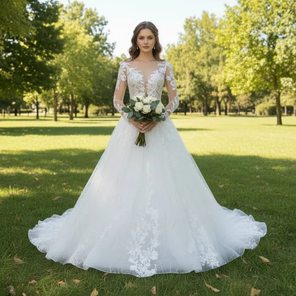 Rosymae A-Line Wedding Dress with Long Sleeves Illusion Neck Floral Lace Appliques Sheer Bodice Glittery Tulle Cathedral Train
