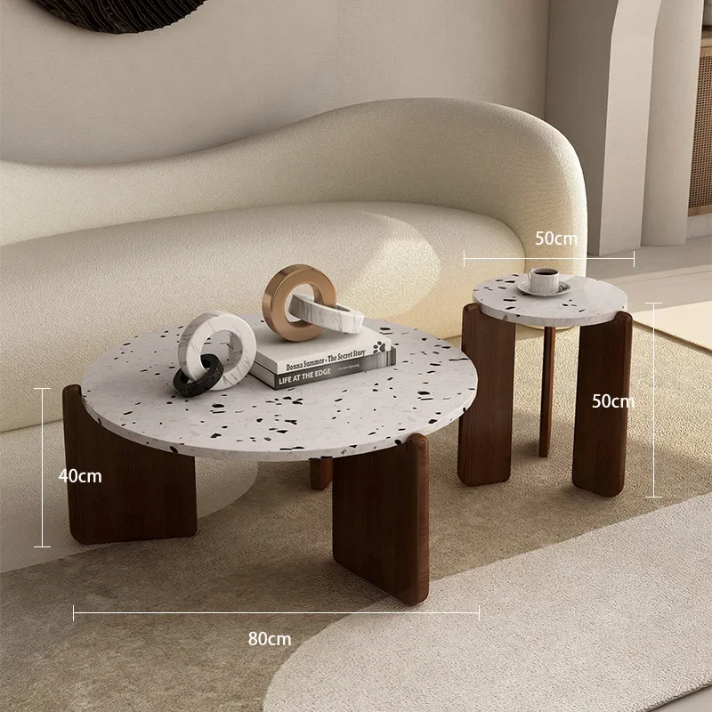 French light luxury terrazzo coffee table small apartment round small size slate simple modern household living room European