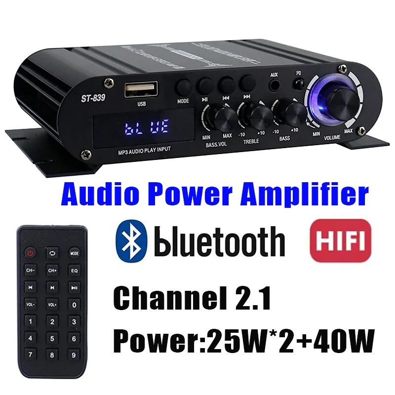 Amplifier Suara Portabel Amplifier Hi-Fi 2.1 Saluran 25W*2+40W Amplifier Subwoofer Audio PowerAmplifier dengan Remote Control