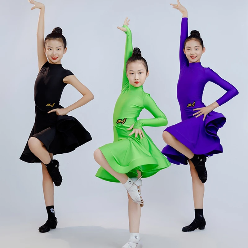 

New Girls Latin Dance Performance Costumes 3 Colors Long Sleeved Tops Skirt Rumba Tango Dance Dress Training Stage Wear VDL64