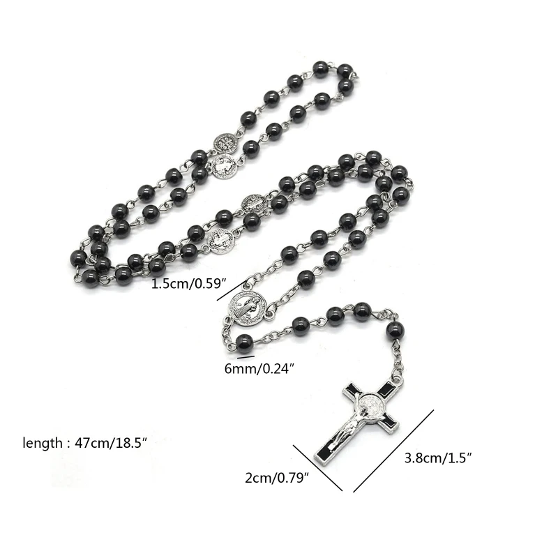 Catholic Rosary Prayer Necklace Mary Blessing Black Gallstone for Cross Pendant Necklaces Round Beads Long Chain Jewelry