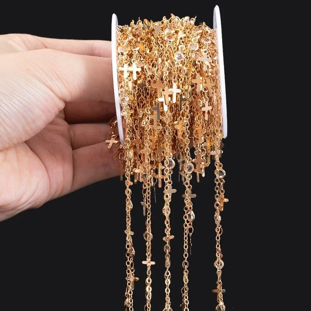 1 Meter Length Crystal Beaded Chain Cross Charm Tassel Rhinestones Design Charm Link Chain Metal Jewelry Making Chain view 2