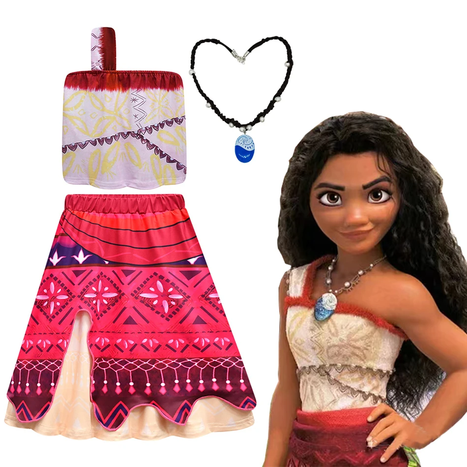 Disney Princess Moana Cosplay Costume Girls Bohomia Dress With Pet Pig Chick Sets Christmas Birthday Gift Kids Summer Outfits