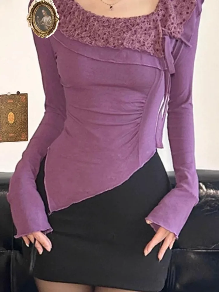 2025 Spring Nostalgic Aesthetics Y2K Shirts Lotus Leaf Irregular Collar Skinny Blouse Elegant Women Solid Purple Long Sleeve Top