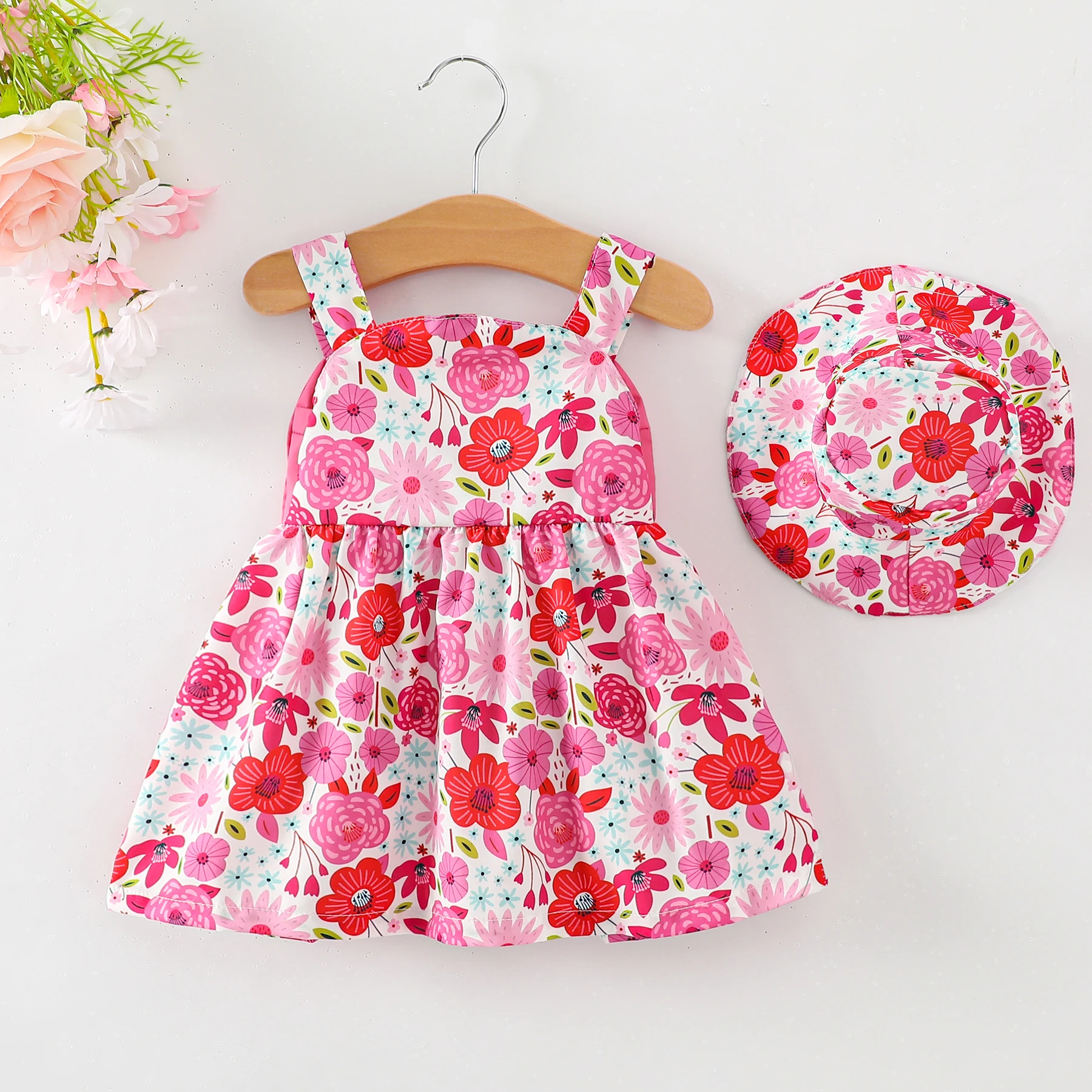 Summer Girl Dress Rose red With small Floral Patterns Big Bow Fashionable Dress + Hat 0-3 Year old Baby Girl beach Dress