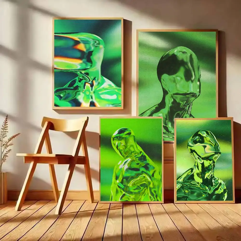 Green Distorted Human Figure Poster, Glitch Surreal Metallic Figure Print, Weird Experimental Digital Art Wall Poster Room Decor