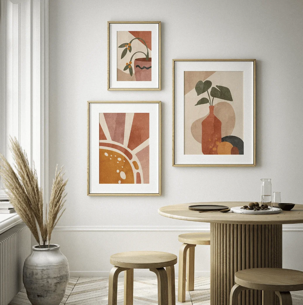 Boho Abstract 3 Panels Wall Art Canvas Prints, Botanical Vase Posters, Earth Tone Decor for Living Room Bedroom Decor