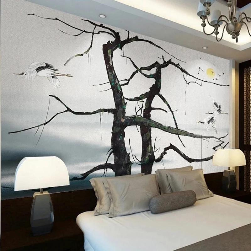 New Abstract Landscape Wall Murals Photo Personalized Chinese Style Branch Crane Hand-painted Decoration Painting Papier Peint