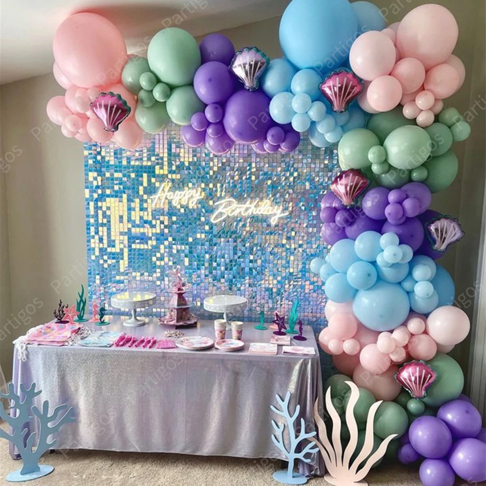 125pcs Mermaid Balloon Garland Kit Pink Purple Blue Latex Balloons Mini Shell Foil Ballon for Girls Mermaid Birthday Party Decor