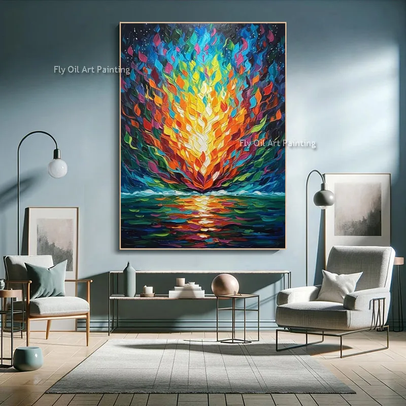 Hand Painted Impasto Abstract Oil Painting, Colorful Flame Wave Palette Knife Canvas Wall Art, Thick Textured Home Decor