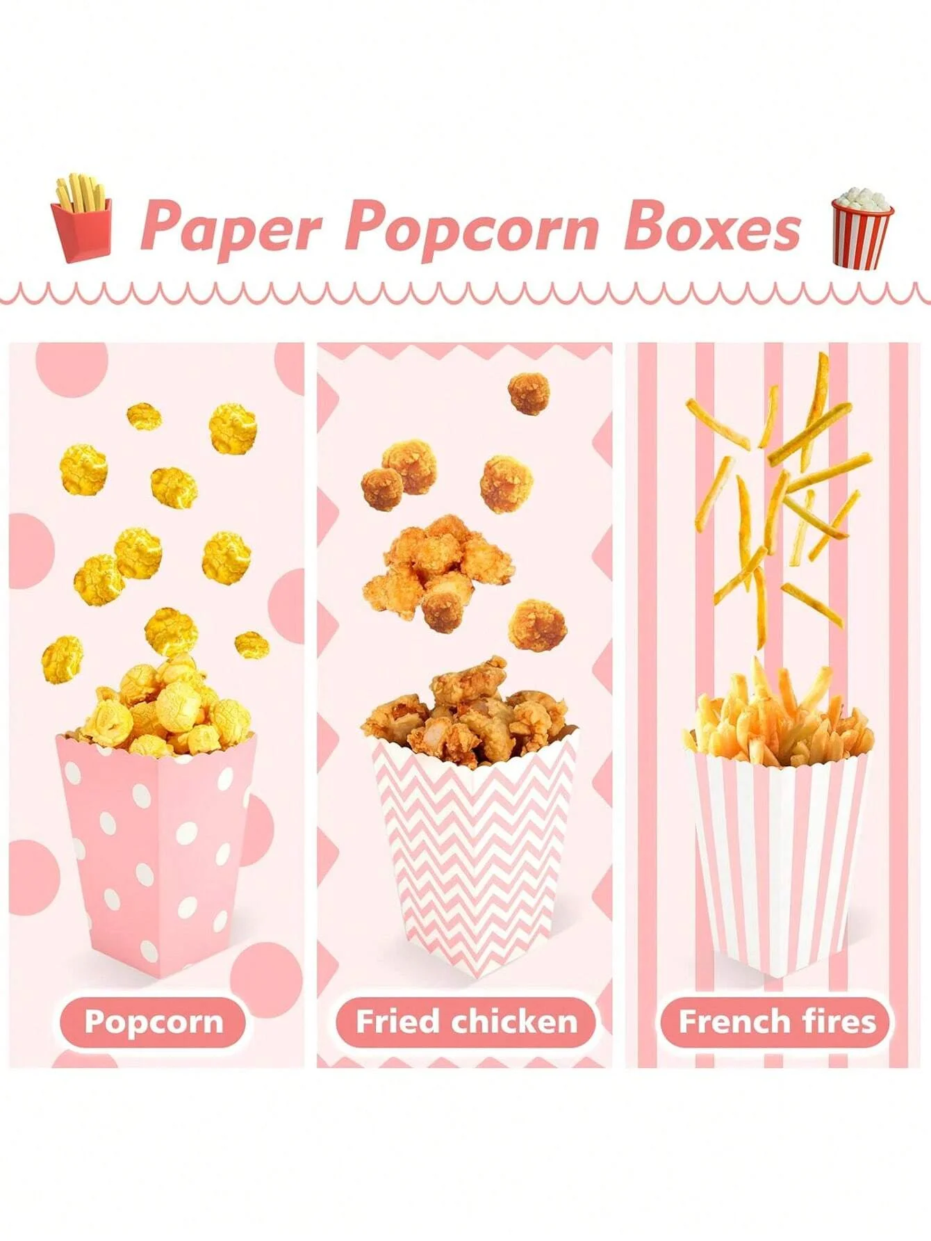 12Pcs Popcorn Paper Boxes Buckets Pink White Stripes Bags Snack Containers for Movie Night Birthdays Carnival Party Supplies