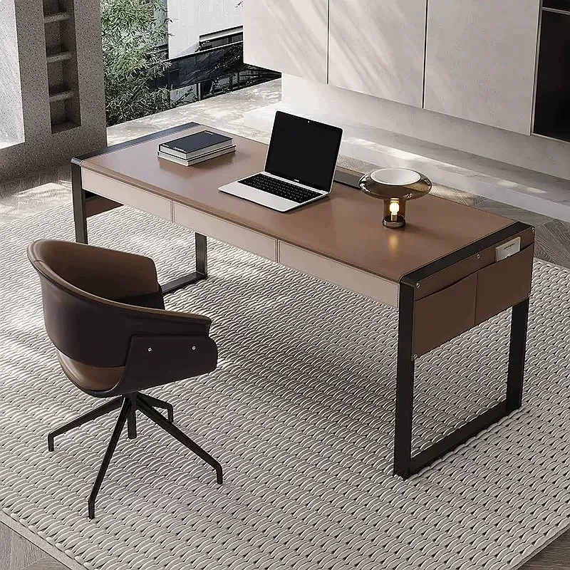 ZL Italian Minimalist Saddle Leather Desk Home Luxury Modern Writing Table Office Computer Desk