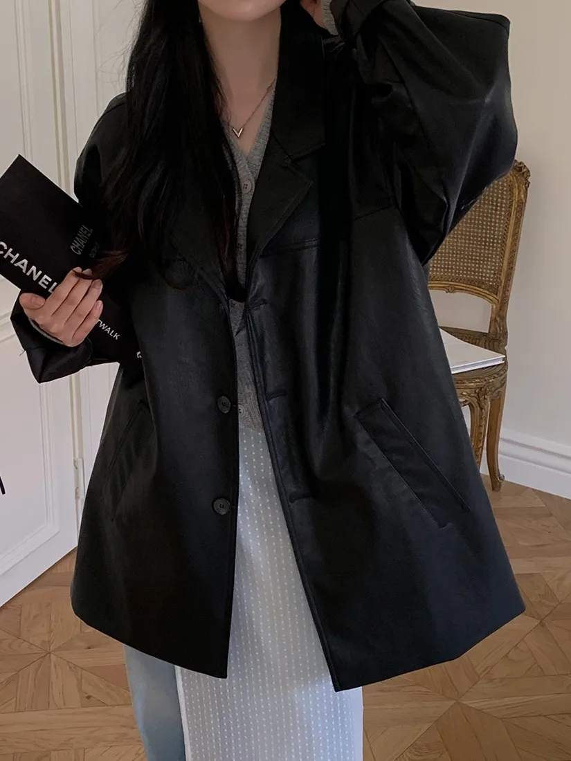 Chic Herbst Neue Retro Britischen Stil Einzigen Taste Lose Beiläufige PU Leder Jaet Lange Sve Anzug Oberbekleidung Frauen