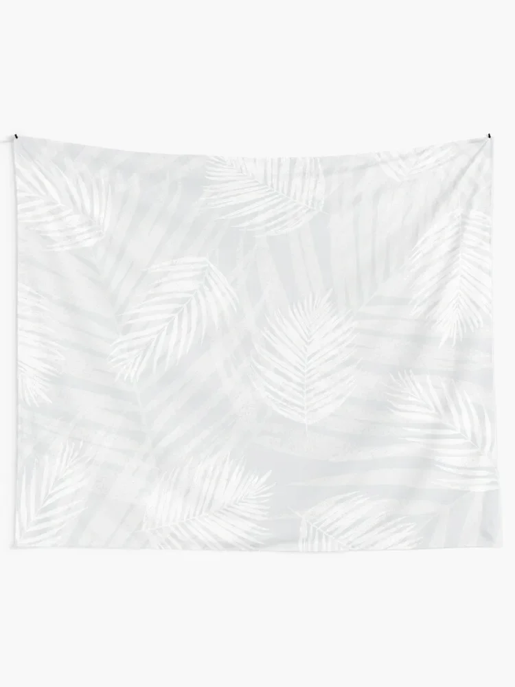 White Lino Print Palm Leaves on Soft Gray Background Tapestry Wall Hangings Decoration Wall Decoration Tapestry