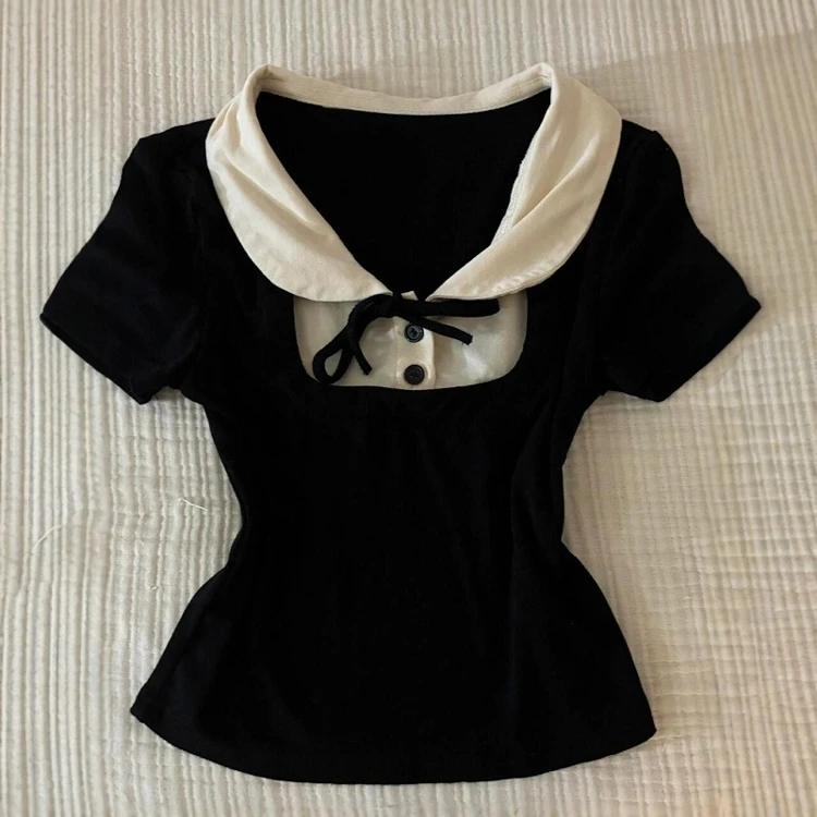 

Черный американский ретро-топ в стиле Spicy Girl с коротким рукавом, имитация двухслойности, женский, весна-лето, новый стиль, укороченный, с поясом