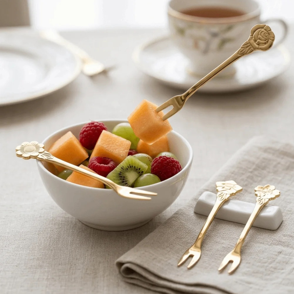 4Pcs Rustless Steel Fruit Forks Practical Flower Shaped Handle Salad Forks Mini Size Mirror Polished Tasting Forks