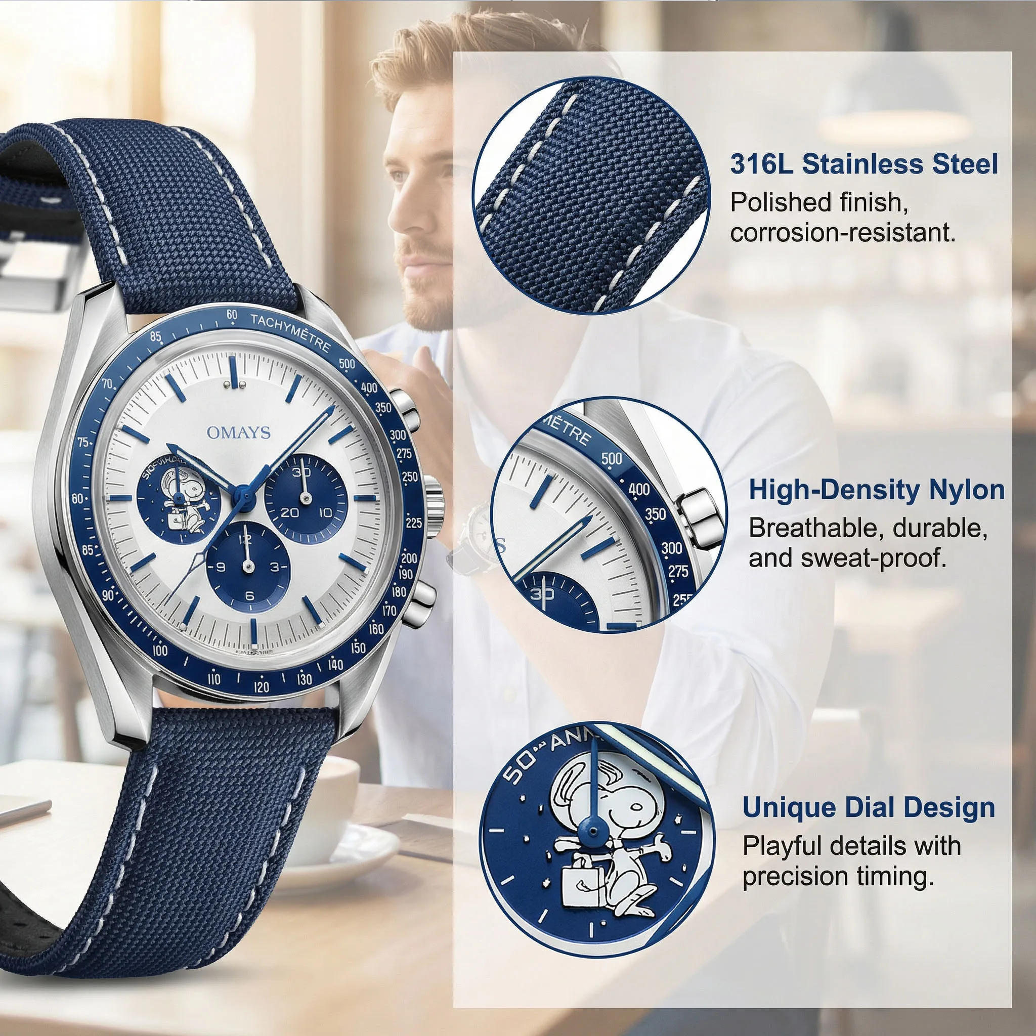 OMAYS Classic Blue Accent Watch, Chronograph Subdials & Tachymeter Scale, Timeless Design for All Occasions