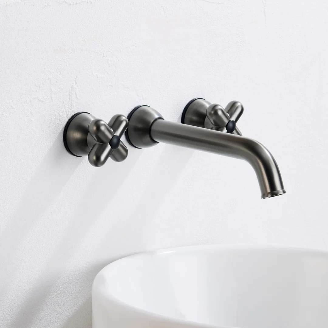 

Widespread Grey Bathroom Faucet In Mounted Basin Faucet 3 holes Brush Gold Lavotory Faucet Hot and Cold Sink Faucet Water Tap