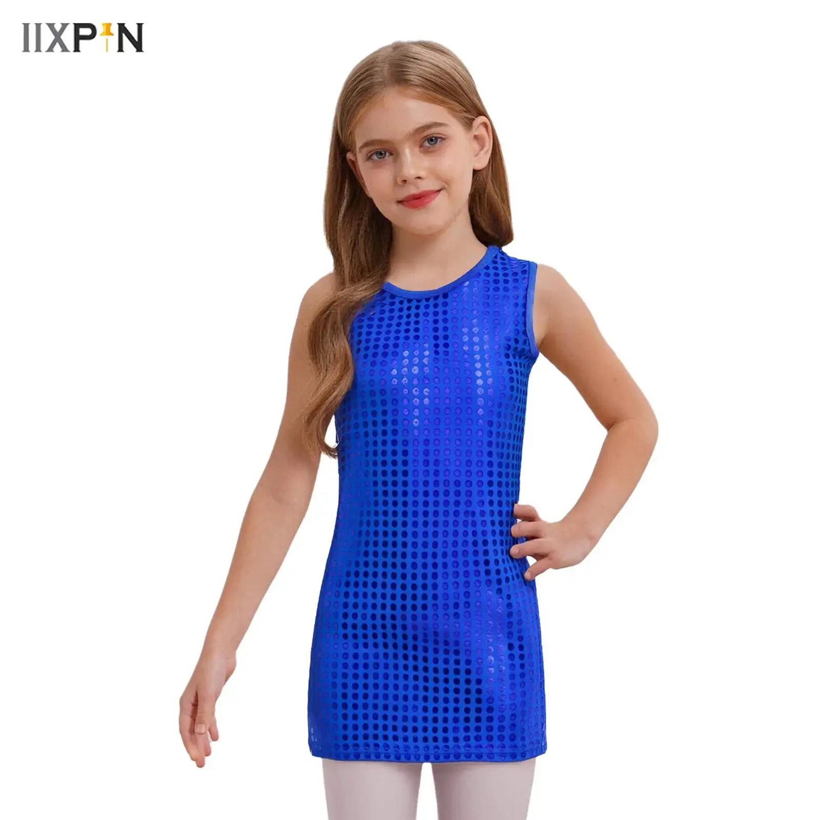 

Kids Girls Tank Dress Metallic Dots Jazz Dance Dress Round Neck Sleeveless A-line Dress 70s 80s Disco Dance Performance Costume