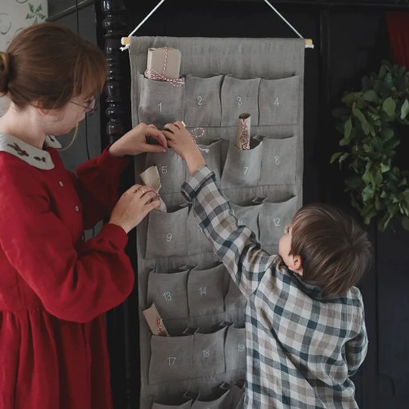 Рождественский орнамент на заказ, многоразовый тканевый адвент-календарь, настенный подвесной с 24 карманами для детей, семейный рождественский декор обратного отсчета