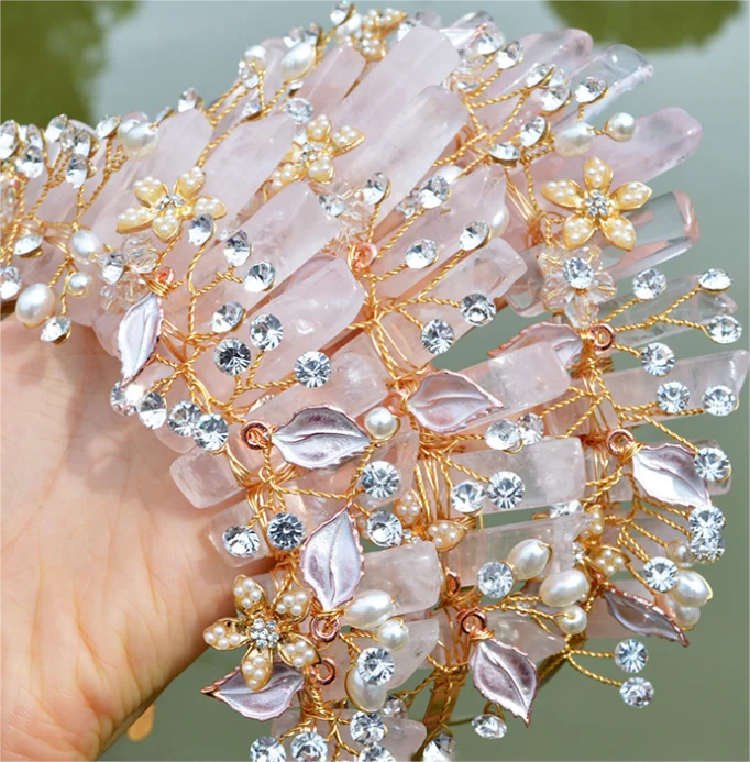 Corona de cristal Natural, diadema de Hada de cuarzo rosa, elfos, Tiaras de flores, diamantes de imitación, accesorios para el cabello, regalos hechos a mano para festivales de bodas