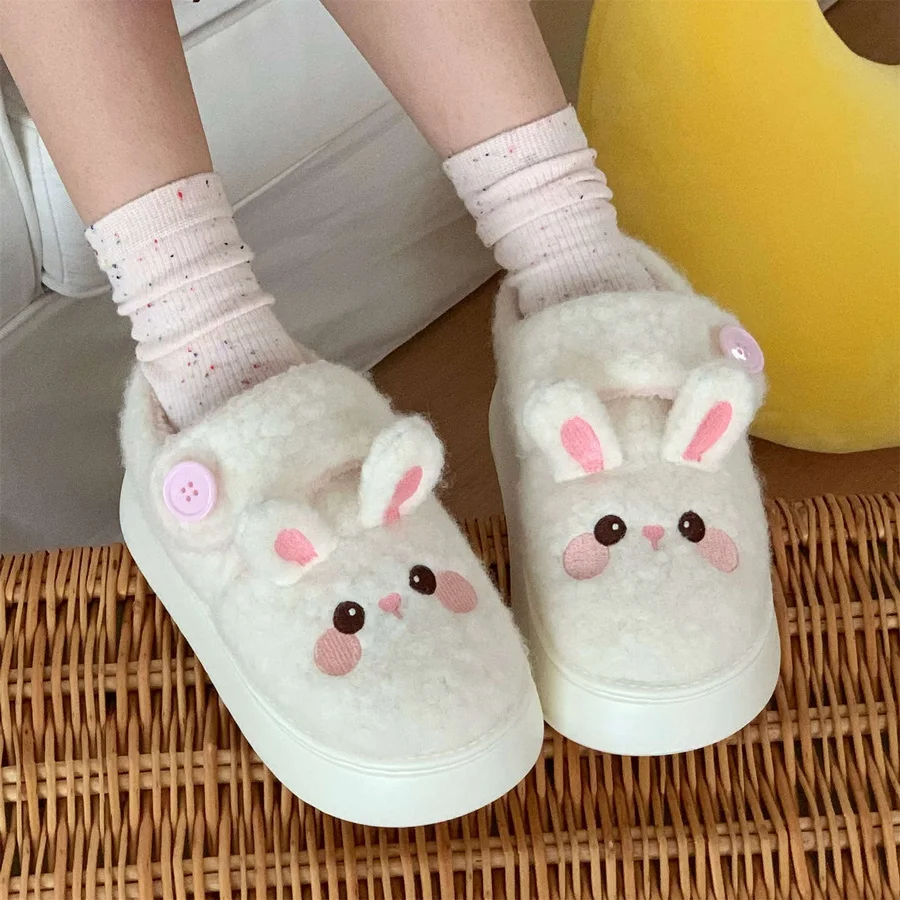 

New adorable bunny slippers heel wrapped shoes women winter hook loop slippers closed back warm shoes fuzzy rabbit slipper woman