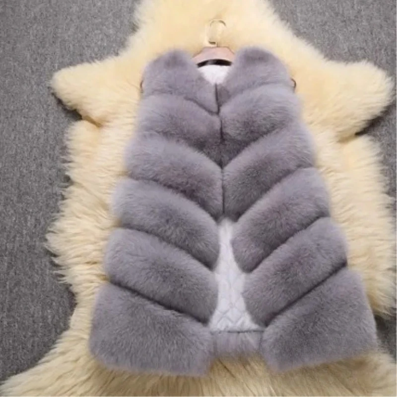 

Furry Autumn Winter Faux Fox Fur Vest Coats Women White Mid Length Fur Jackets V Neck Sleeveless Thick Warm Fur Casual Loose