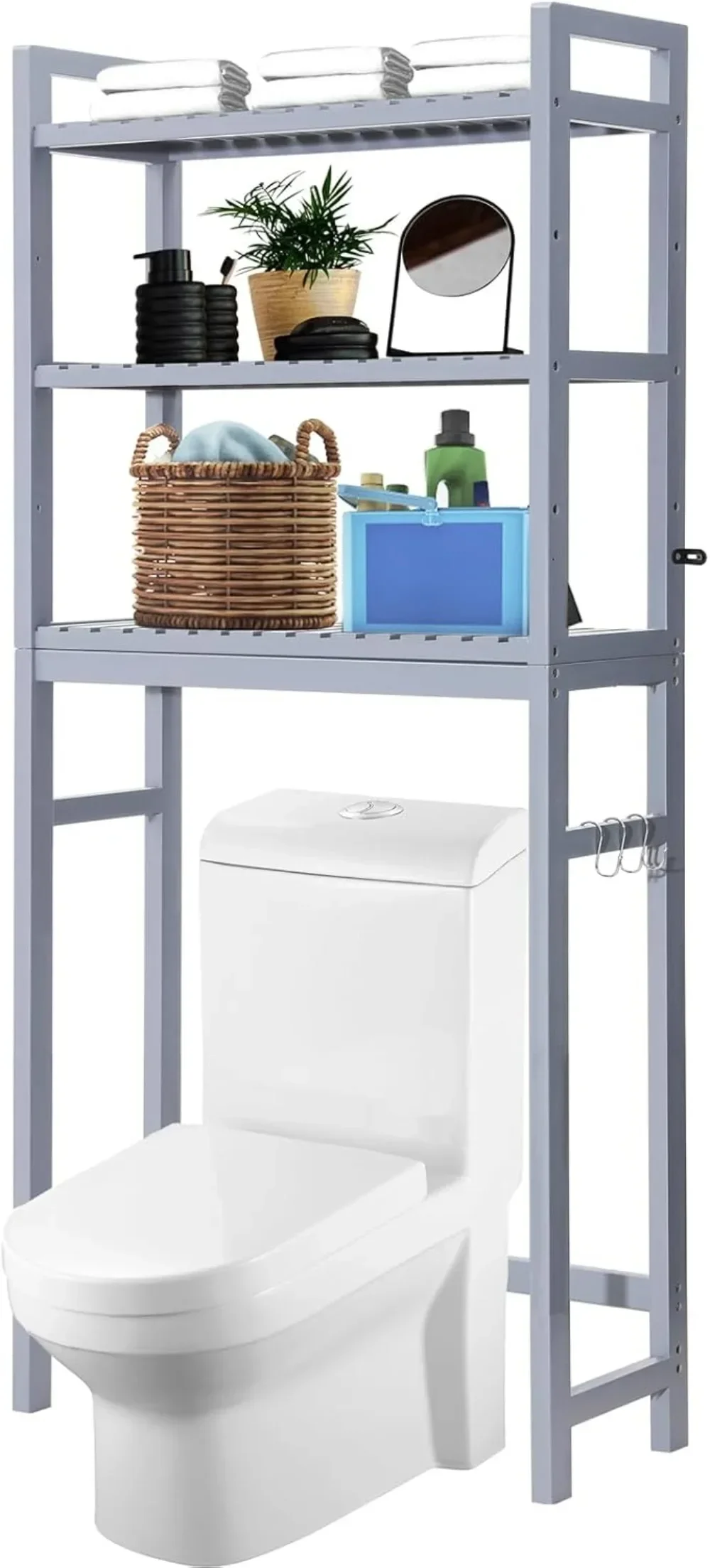 

Bamboo Adjustable 3-Tier above Toilet shelf, Stable Freestanding above Toilet Organizer with 3 Hooks 67" H