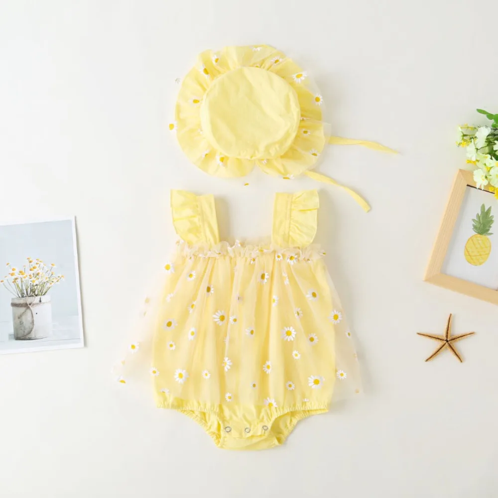 Mesh Flower Baby Princess Dress with Hat Sleeveless Sweet Thin Baby Climbing Suit Loose Infant Romper Toddle Jumpsuits