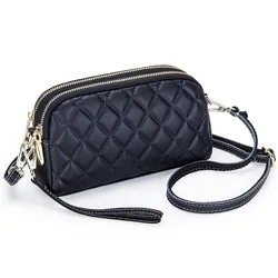 Leather Small Crossbody Bags Shoulder Handbag for Women Diamond Double Zip Wristlet Clutch Wallet Purses with Adjustable Strap