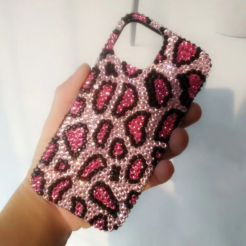 Imagem -03 - para Iphone 14 Pro Max 11 12 13 14pro xs Case de Telefone Luxo Mão Strass Rosa Leopardo Impressão Hangout Capa Traseira para Meninas