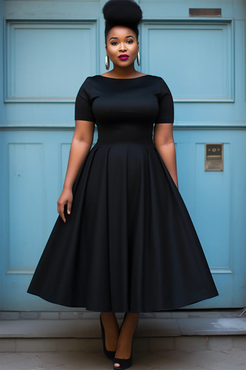 

Plus Size Wedding Guest Black Round Neck Short Sleeve Midi Dresses