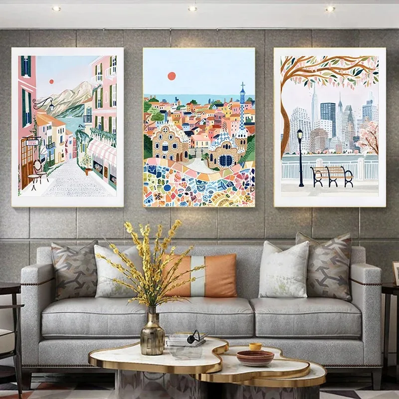 Venice Mexico Portugal Northern Europe Cartoon Tourist City Scenery Poster Canvas Paintings Wall Art Pictures Home Decor