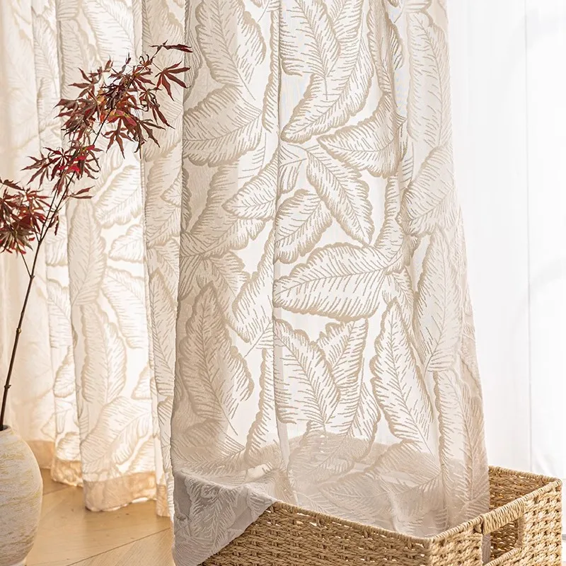 American Leaves Translucent and Opaque Flocking Tulle Curtain and Light Brown Polyester Cloth Curtain For Living Room Bedroom