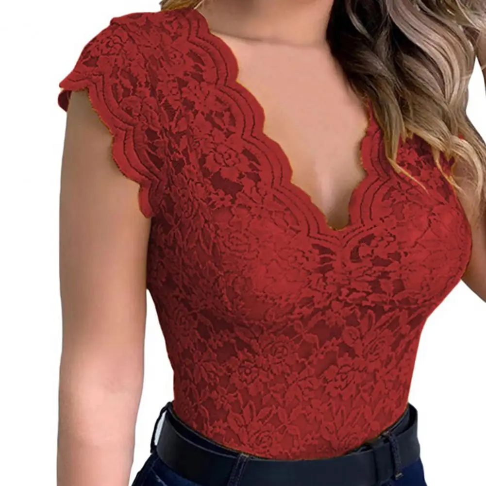 Sexy Deep V Neck Sleeveless Lace Blouse Shirts Summer Fashion Women Lace Patchwork Pullover Tops