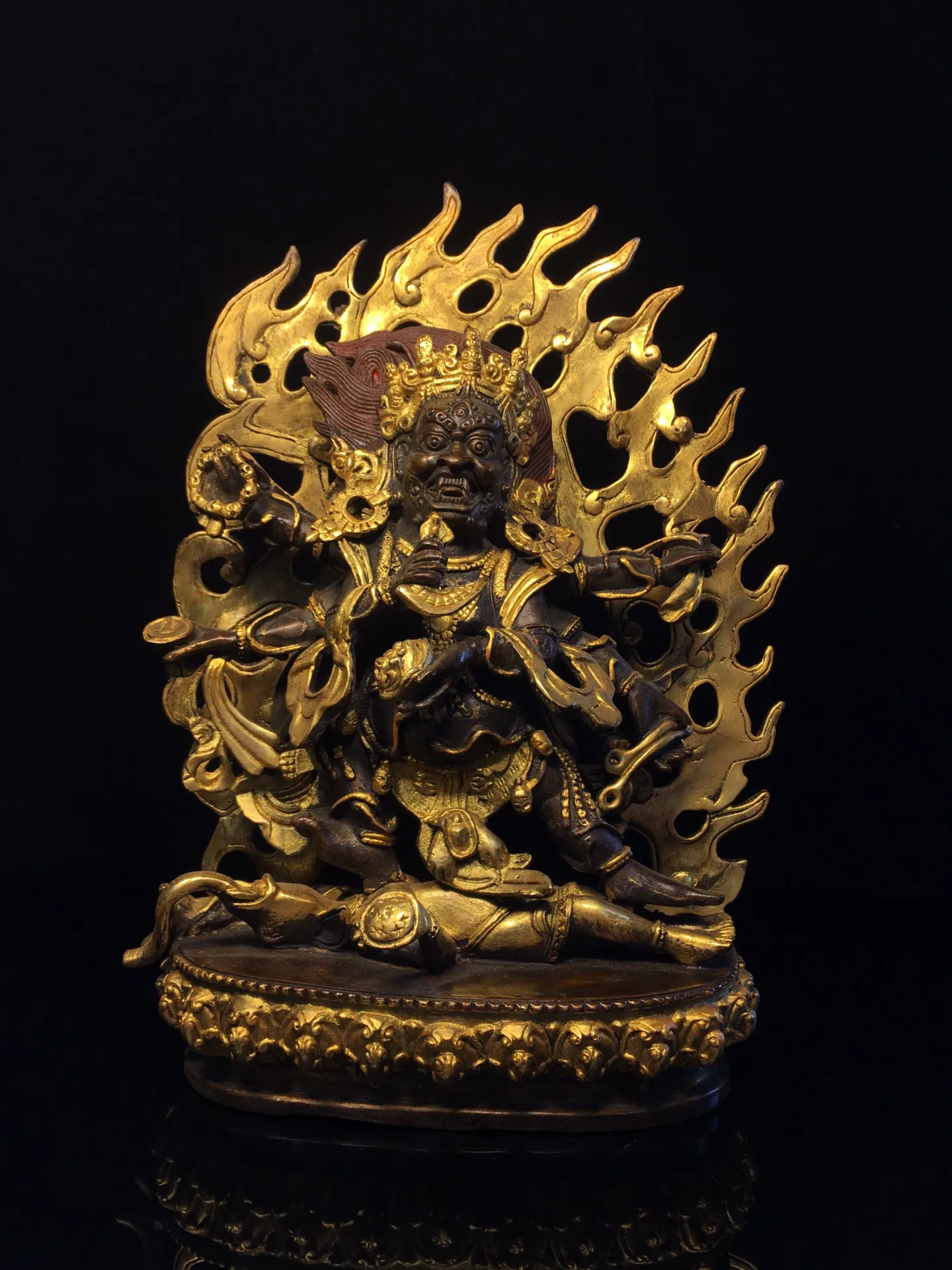 

11"Tibetan Temple Collection Old Bronze Gilded Cinnabar Six arms Mahakala Buddha Backlight Lotus Stage Worship Hall Town house