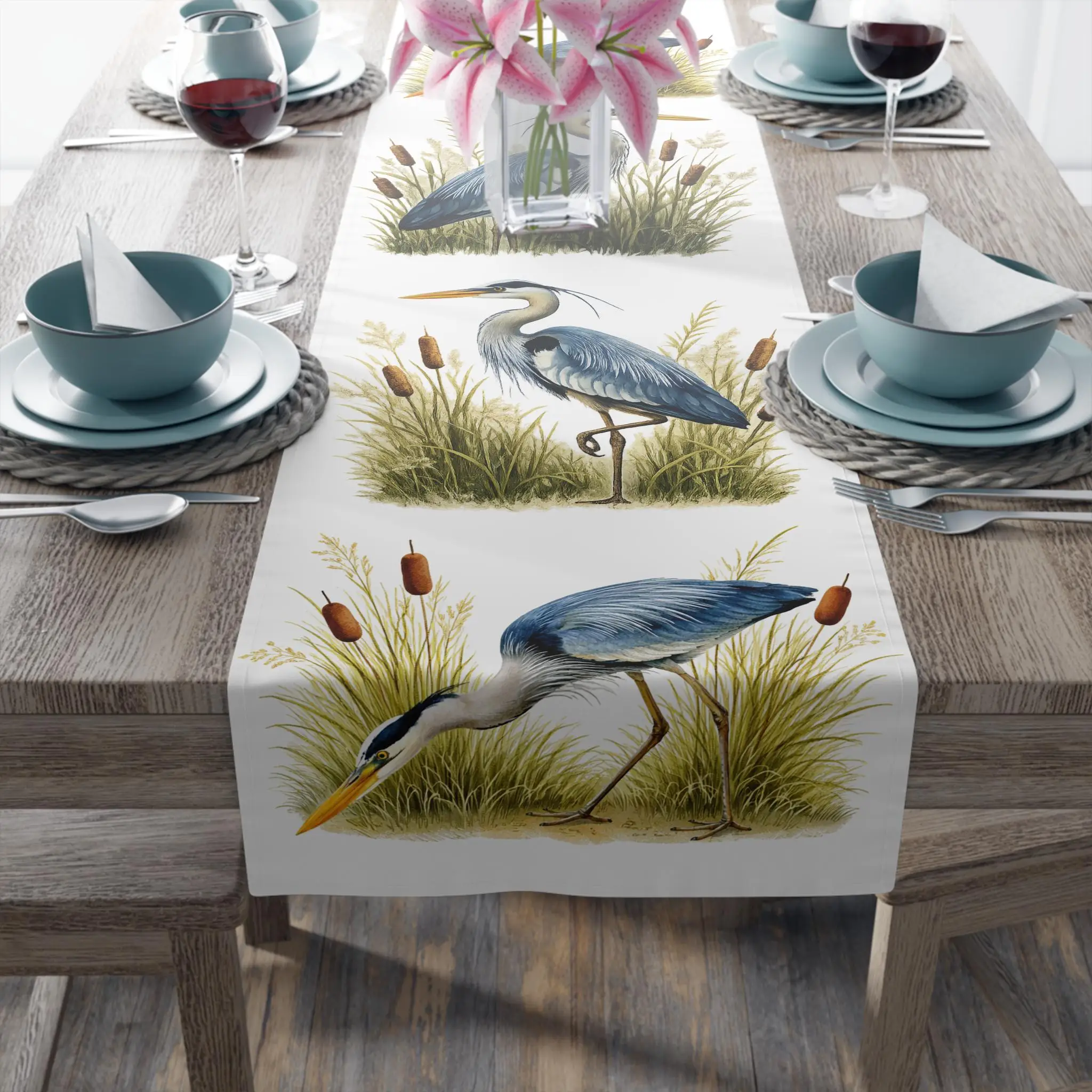 Heron Table Runner, Natural Wetland Bird Print Decorative Tablecloth for Dining Table Party, Home Decoration