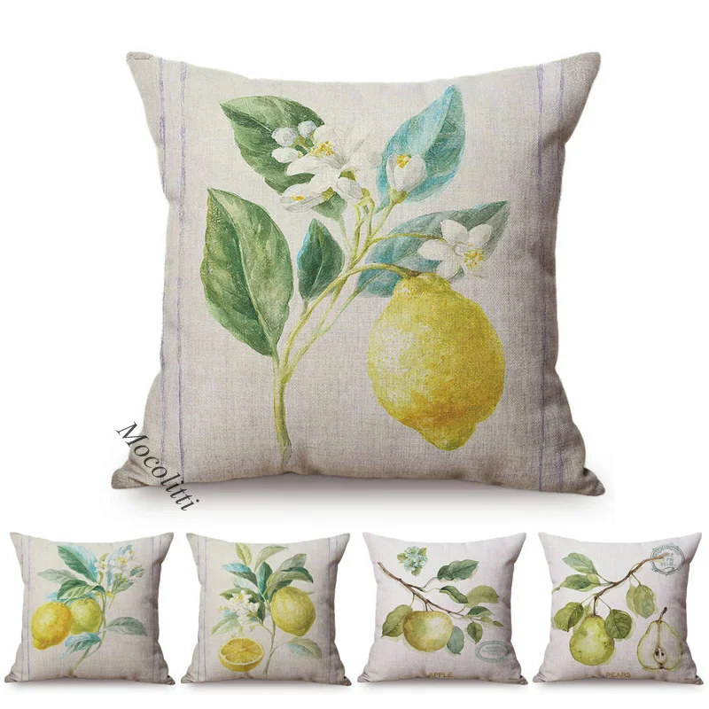 Navy Blue Lemons Fruit Pattern Water Color Art Throw Pillows Pillowcase Cotton Linen Sofa Chair Decoration Cushion Cover Cojines