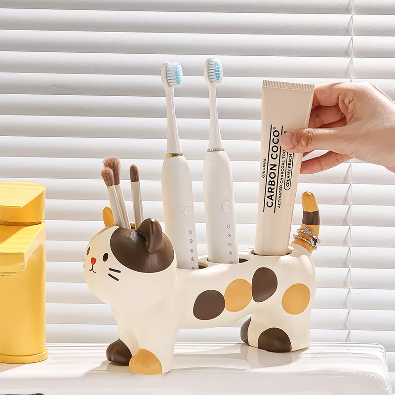 Three-flower Cat Electric Toothbrush Rack Couple Toothpaste Placed Washstand Base Bracket Ceramic Holder Bathroom Supplies