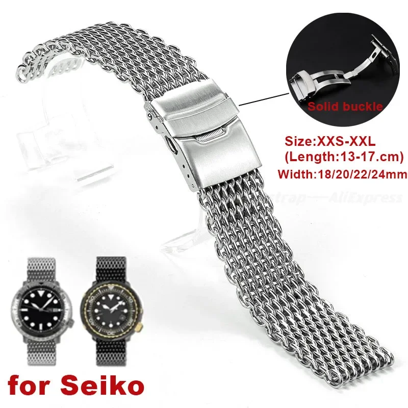 18/20/22/24mm Shark Mesh Milanese Strap for Seiko for Omega Watch Band Weaving Double Snap Strap Stainless Steel Diving Bracelet