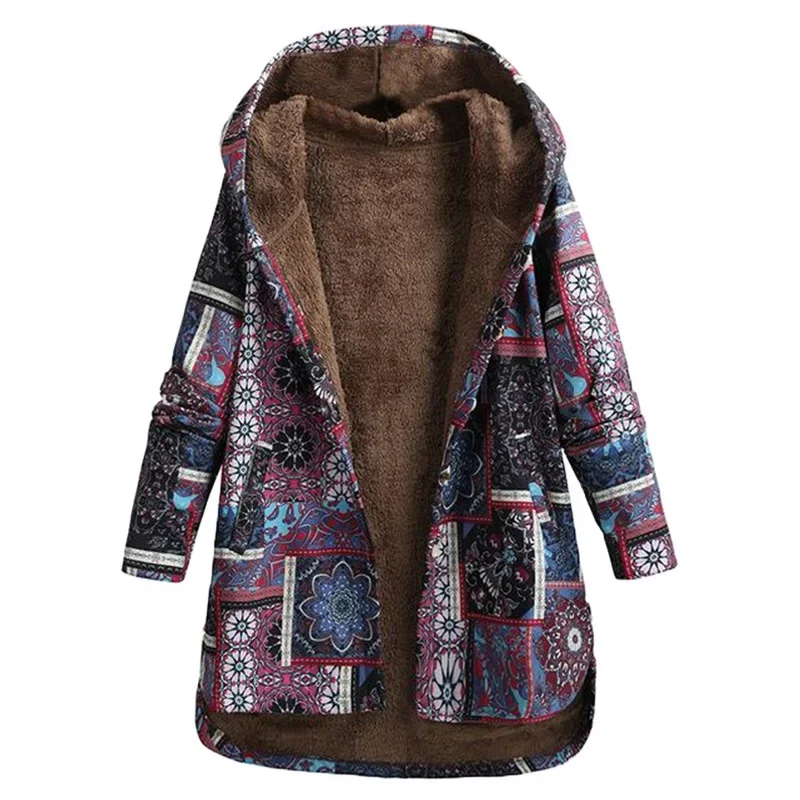 Vintage Women Winter Warm Floral Print Hooded Jacket Casual Long Sleeve Bohemia Faux Fur Ling Coat Ladies Loose Plush Outerwear