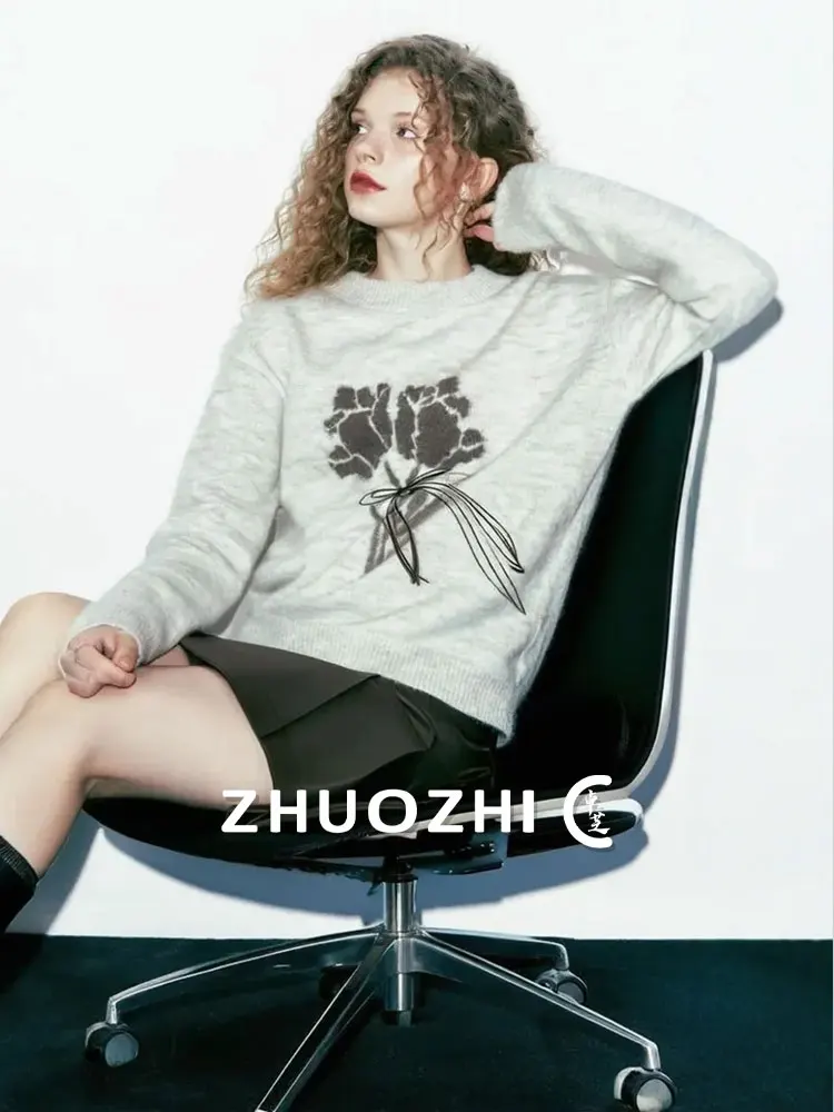 

Вязаный свитер с вышивкой тюльпанов, круглый вырез, женский, модный, осенняя новинка, мягкий, удобный, с длинными рукавами