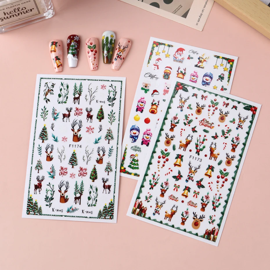 5 Stück 3D-Cartoon-Weihnachtsmann-Hirsch-Nagelaufkleber, Weihnachtsbäume, Glocken, selbstklebende Schieber für Nägel, Kawaii, Winter, Maniküre, Nageldeko