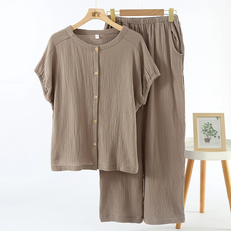 Muslin 100% Cotton Gauze 2 Piece Sets Womens Outfits Button Up Short Sleeve Tees + Long Trouser Sets Comfortable Tracksuit