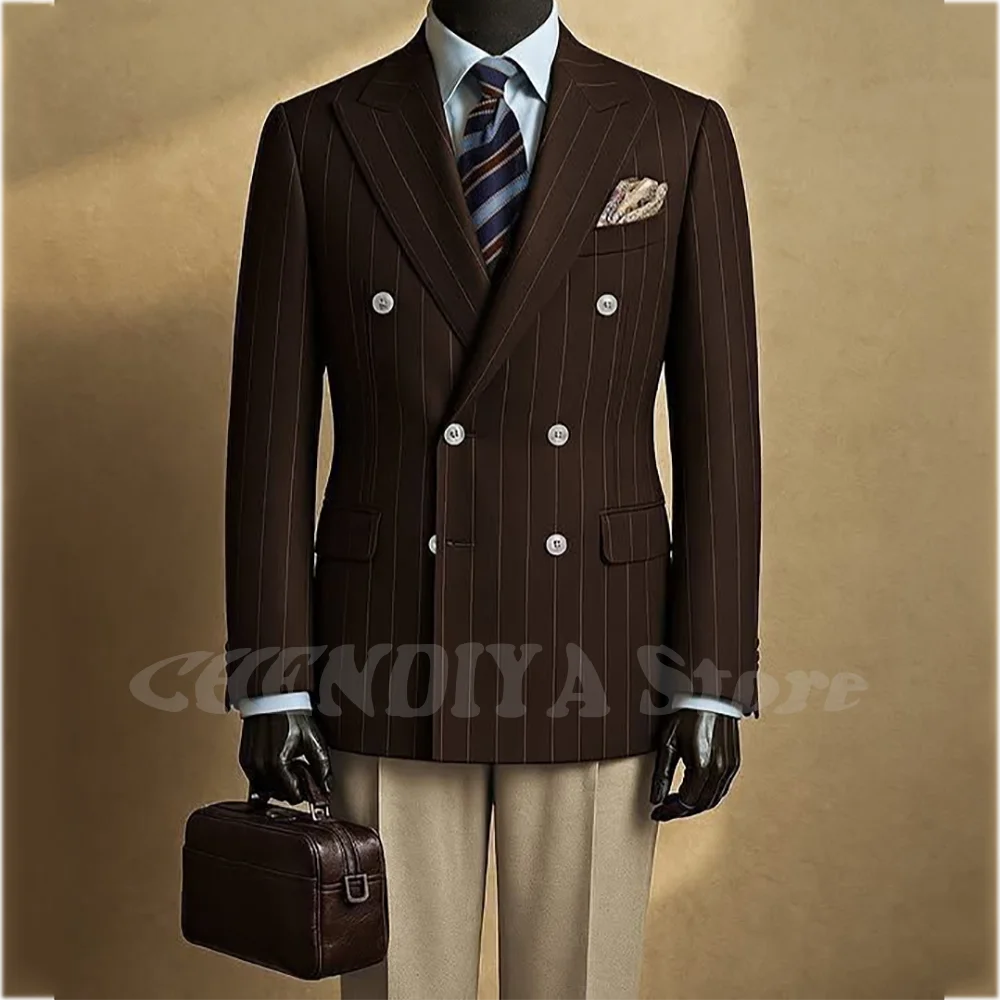 

Formal Men's Suit Jacket Trousers 2 Pieces Set Fashion Striped Double Breasted Blazer Slim Suit Coat Business Wedding Outfit