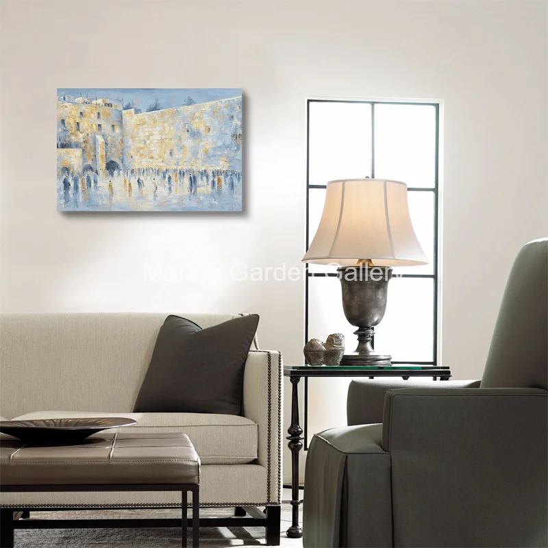 Jerusalem Kotel Western Wall Oil Painting Abstract Blue Gold Hand Painted Israel Landscape Canvas Art for Jewish Home Decor