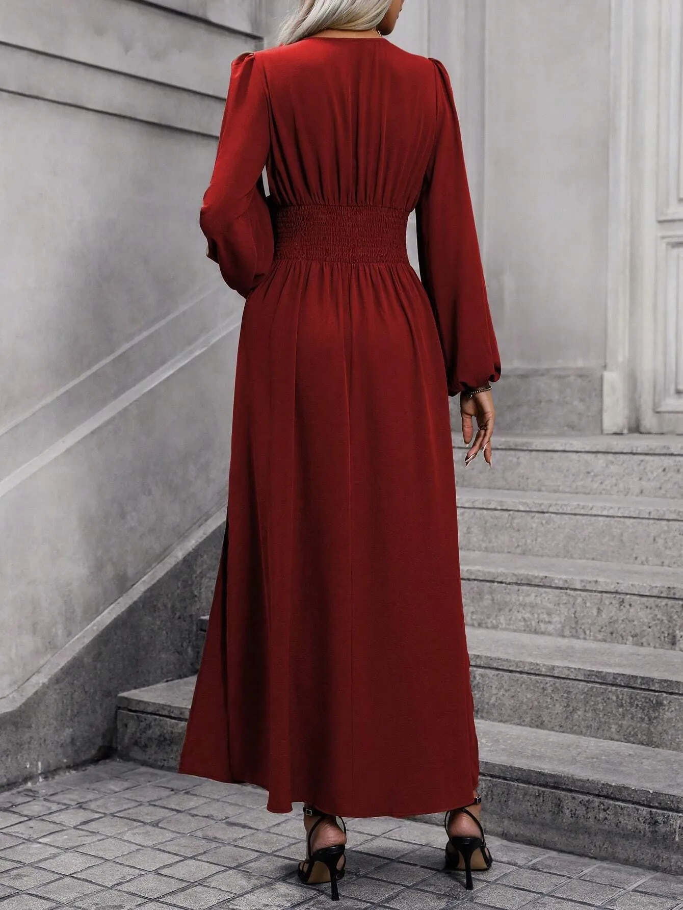 Französisches Retro-Kleid mit Laternenärmeln und Schlitz für Damen, Winter 2025, Strick-Bodycon-Maxikleid – Detail 25