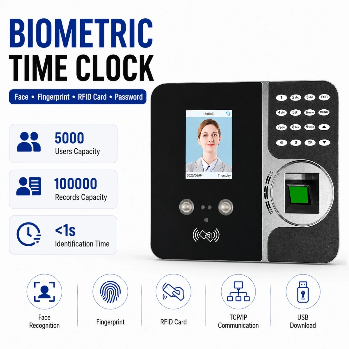 Biometric Time Attendance System Face Fingerprint RFID Card Employee Time Clock Machine USB Download Data 5000 Users