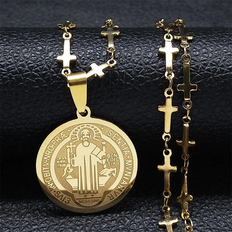 

Catholic Saint Benedict Medal Stainless Steel Necklace for Women Men Gold Color Jesus Cross Chain Jewelry san benito N7913GDS02